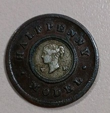 ND 1844 BRITAIN- Victoria 1/2 (Half) Penny Model ‘Pattern’Bimetal Coin picture