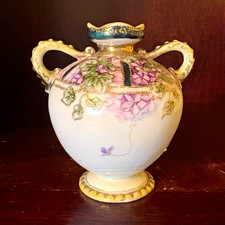 Antique Nippon Hand Painted Double Handled Urn Vase Blue Maple Leaf Mark 1891 picture