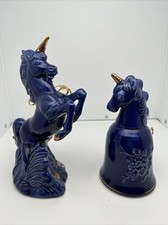 Rare Vintage LIPCO Blue Unicorns Figurine & Bell Set Gold Horns picture