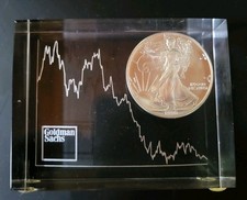 Vtg Goldman Sachs Lucite Tombstone Stock Paperweight 1990 Liberty Silver Dollar picture