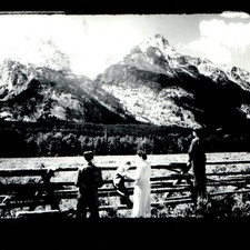 c1920s Grand Teton WY Mountain Buck Rail Fence Snapshot Photo Tourists Landscape picture