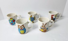 ​Vintage Otagiri Ceramic Mug Set - Patchwork Animal Folk Art Owl, Bunny, Rooster picture