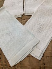 SET 4)  ANTIQUE Vtg 1920s Hem-Stitched DAMASK ART DECO HAND Guest Towels Mono B picture