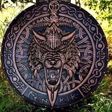 24'' Fenrir Wolf Carved Wooden Viking Shield Battle-Worn Shield Wall Décor picture