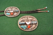 Vintage Navajo Sterling Silver Turquoise and Coral & Inlay Buckle/Bolo Set picture