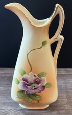 Vintage UCAGCO Japan Hand Painted Floral Ceramic Pitcher Gold Trim 8.25