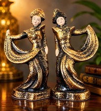 Vintage GILNER California Hollywood Regency Balinese Dancer Pair Black/Gold MCM picture