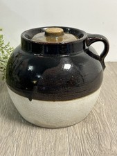Vintage Two Tone Stoneware Glazed Crock Bean Pot w/ Handle Farmhouse Cottage picture