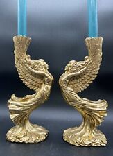 Vintage Guardian Angel 10” Gilded Gold Resin Candlestick Holders Pair Wings picture
