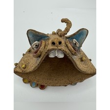 Vintage Studio Pottery Monster Figurine Big Mouth Clay Frog Incense Burner Kitsc picture