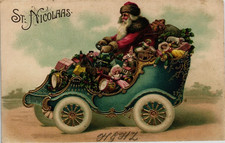 Rare~SANTA CLAUS in Fancy Car with Toys~ Vintage Antique~Christmas Postcard~s942 picture