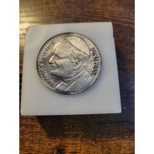 Vintage Pope John Paul II Silver toned Coin Medal marble paperweight picture