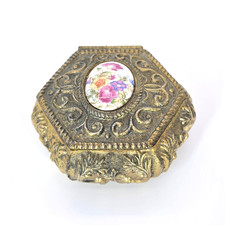 Vtg Gold Tone Hexagonal Trinket Box Footed Floral Oval Ceramic Red Velvet Japan picture