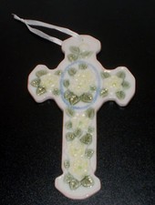 ~~PASTEL YELLOW FLOWER PORCELAIN CROSS PINK TRIMMED~~ picture