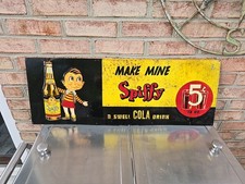 Orig 1940s Spiffy 5 Cent Cola Embossed Advertising Sign Spiffy Boy Country Store picture