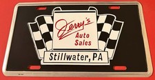 Jerry's Auto Sales Dealership Booster License Plate Stillwater PA Racing Flags picture