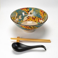 Japanese Crane Ceramic Ramen Rice Bowl With Soup Spoon Chopsticks And Rest Set picture