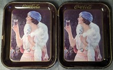 Pair Vintage 1970s Coca Cola Tin Serving Trays 1925 Flapper Girl with Fox Stole picture