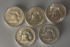 5x Ben Franklin Half DolIars – 90% SiIver – lot of 5 – $2.50 Face Value picture