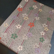 Obi Kimono Inari-tei I16 Nagoya Pure Silk Flower Brown Gray picture
