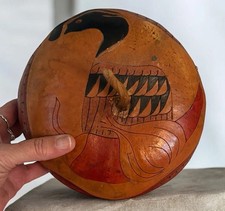 Vtg Peruvian Hand Carved Gourd Trinket Box Lid 8” Heron Bird Mate Burilado Art picture