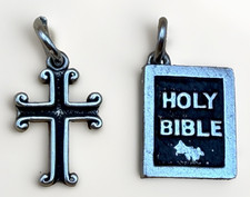 VTG Silver-925 Charms Cross & Holy Bible Mini Pendant Christian Religious Gothic picture
