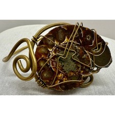 Vintage 1970s Ammonite Fossilized Shell & Brass Artisan Bracelet picture