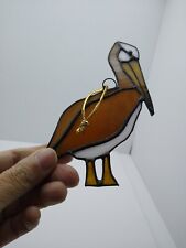 Vintage Leaded Stained Glass Ornament Sun Catcher Pelican Bird 4.75x3.50 picture