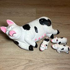 Vintage Hand Painted Plaster Chalkware Pig Bank Figurine Mother Sow & 3 Piglets picture