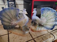 pair of vintage mid-century lusterware ceramic peacock picture