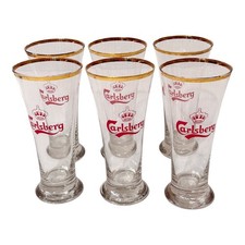 x6 Vtg Carlsberg Crown Beer Bar Glasses Gold Rim Pilsner Flute Red Logo 7