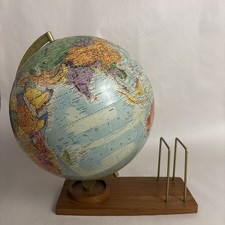 Vintage Replogle 12” Blue Ocean Desk Globe MCM Walnut & wire Letter Holder USA picture