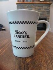 SEE’S CANDIES Since 1921 Coffee Mug Cup Black & White Ceramic Checkered 12 oz. picture