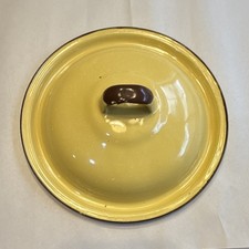 Vintage Yellow Enamel Bowl w/ Lid, Black Rim, Solid Glossy Round 10 in picture