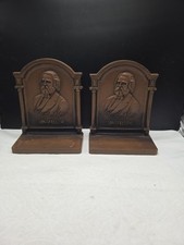 BRONZED BOOKENDS LONGFELLOW ANTIQUE CAST IRON c1920 PAIR Bradley & Hubbard picture