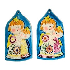 Vtg Signed Gensini Italy Ceramic Angel Xmas Wall Plaques 1960 Pair Kauffman's A+ picture