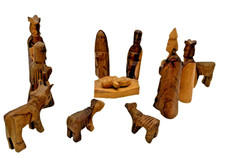 Hand Carved Wooden Primitive Folk Art Miniature Christmas Nativity Set 12 pieces picture