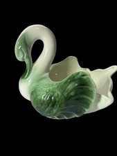 Vintage Green White Ceramic Swan Planter Vase Cottagecore Grandmillennial 50’s picture