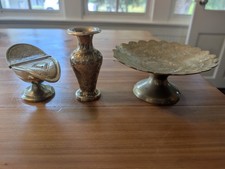 Vintage Solid Brass Incense Boat, Decorative Bud Vase and Flower Compote Dish picture