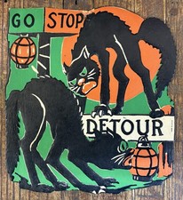 Vintage 1930s Beistle Halloween Die Cut Black Cats Go Stop Detour 8x9 picture