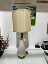 Vintage 1960s Mid Century Modern White Ceramic Gold Walnut accent Table Lamp picture