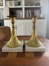 Vintage Set of 2 Solid Brass Fluted Candlestick candle Holders Marble Bases MCM picture