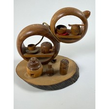 Vintage 1970 Japanese Miniature Carved Wood Tea Set Diorama Signed Made in Japan picture
