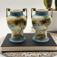 Antique Morimura Nippon Hand Painted Porcelain Landscape Urn Vases Set of 2 picture