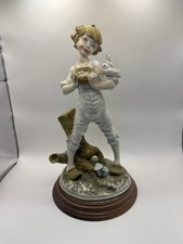 Vintage Boy Holding Birds Nest Eggs Ceramic Figurine Wood Base 12