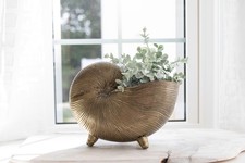 Vintage Brass Nautilus Shell Planter Footed Heavy Cast Metal Nautical Decor picture