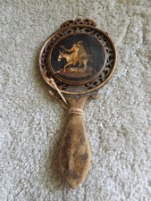 Antique Italian Sorrento Ware Olive Wood Hand Mirror Marquetry Inlay Folk Art AS picture