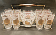 Vtg MCM Hazel Atlas Aztec Gold 10 Pc Barware Set with 8 Highball Glasses & Ice B picture