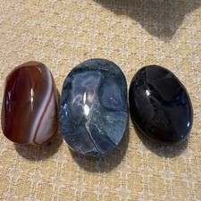 Polished Agate Palm Stones Lot of 3 Red Banded, Gray Patterned & Black picture