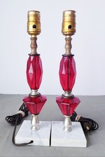 VTG Pair Of 1950’s, 60's Red Lucite Acrylic Marble Boudoir/ Bedside Table Lamps picture